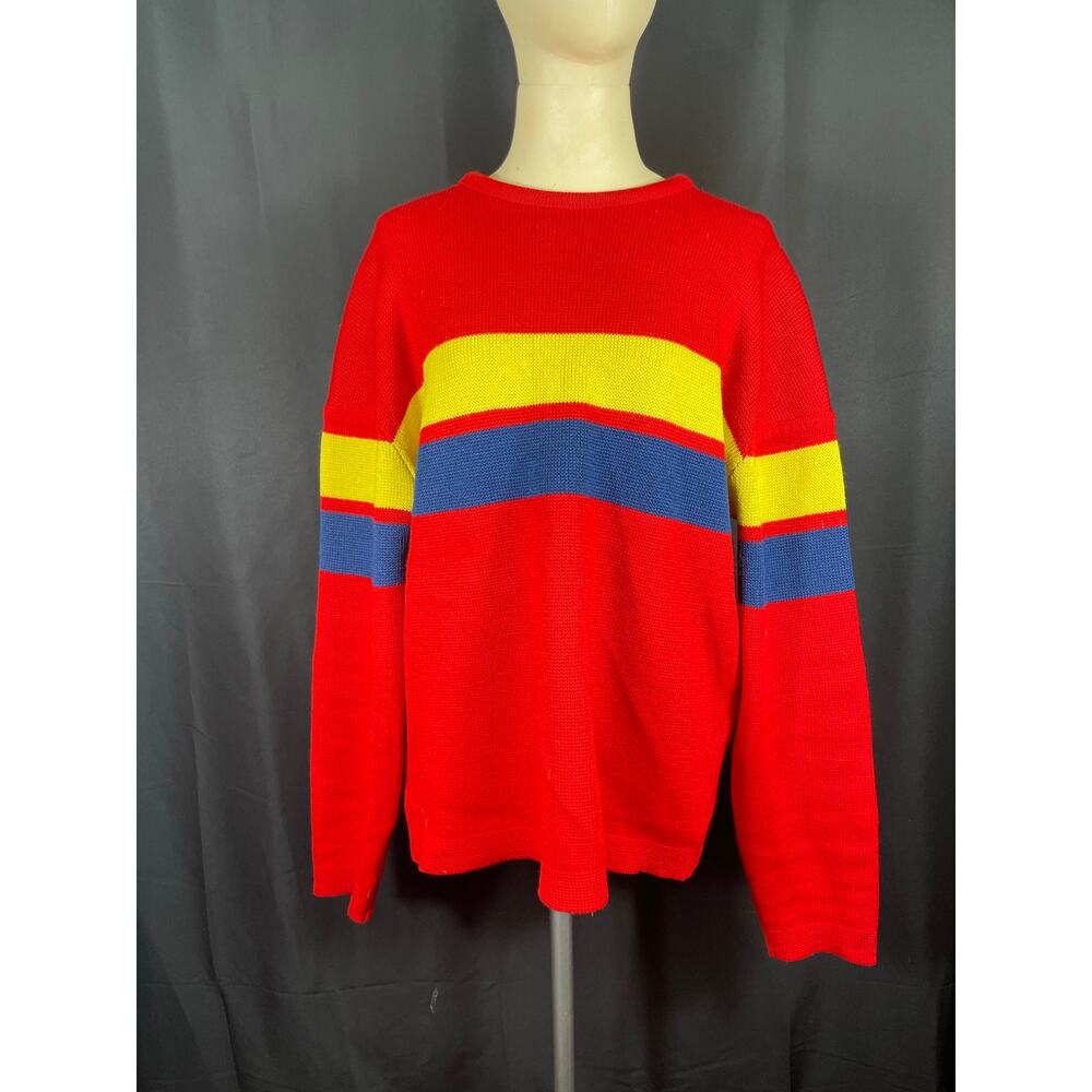 Vintage Demetre Red Men's Heavy Ski Sweater, Wool, Yellow and Blue Striped